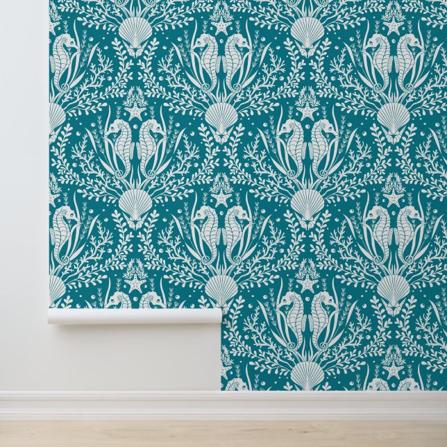 Coastal Seahorses Damask Teal Blue Wallpaper (Application)