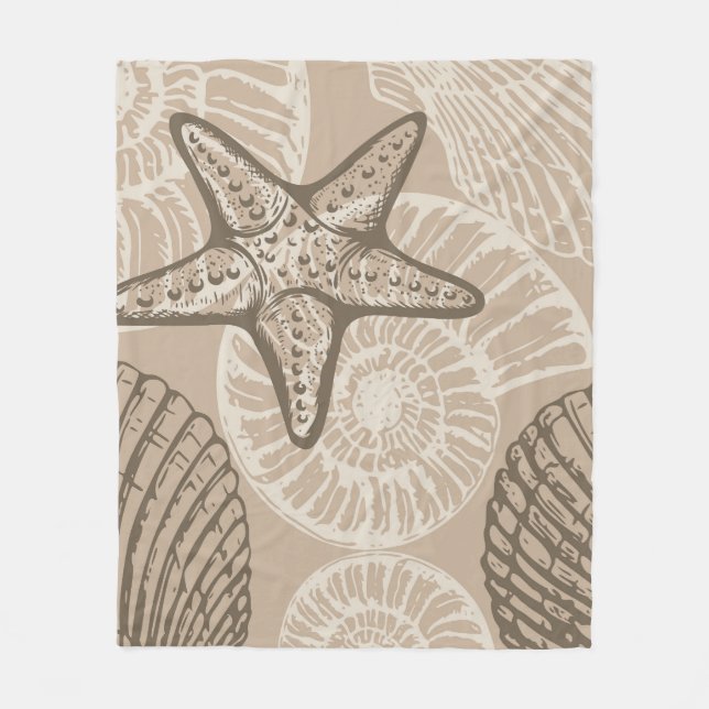 Coastal sealife starfish and shells in beige fleece blanket (Front)