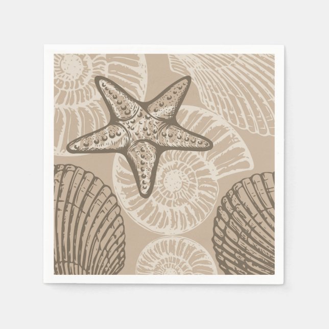 Coastal sealife starfish and shells in beige napkin (Front)