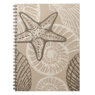 Coastal sealife starfish and shells in beige notebook