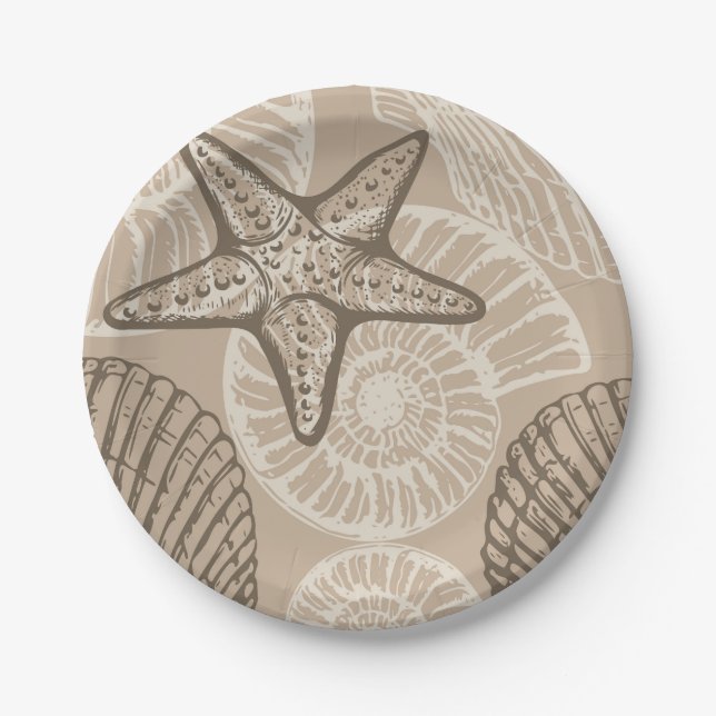 Coastal sealife starfish and shells in beige paper plate (Front)
