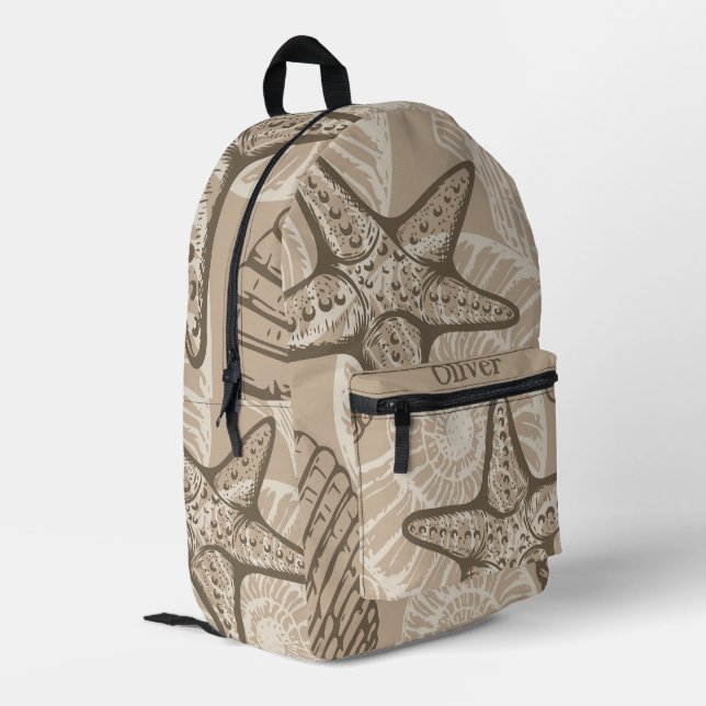 Coastal sealife starfish and shells in beige printed backpack (Back Corner Left)