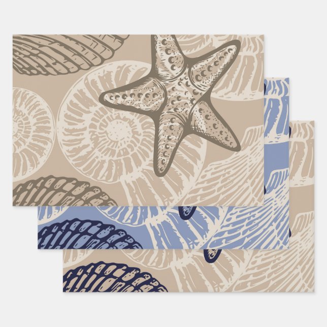 Coastal sealife starfish and shells in beige wrapping paper sheet (Set)