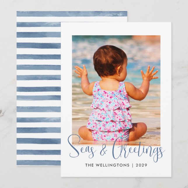 Coastal Seas and Greetings Photo Aqua Blue Striped Holiday Card (Front/Back)