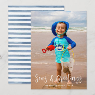 Coastal Seas and Greetings White  Photo Flat Holiday Card