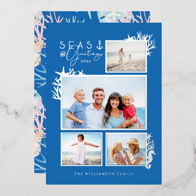 Coastal Seas & Greetings Blue Ocean Photo Frame Foil Holiday Card (Front/Back)