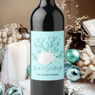Coastal Seas & Greetings Christmas Beach Wine Label