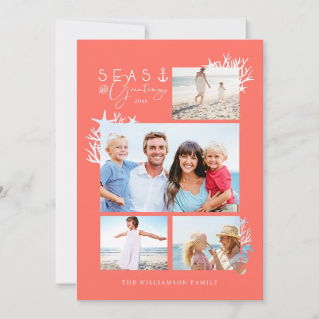 Coastal Seas & Greetings Coral Ocean Photo Frame Holiday Card (Front)