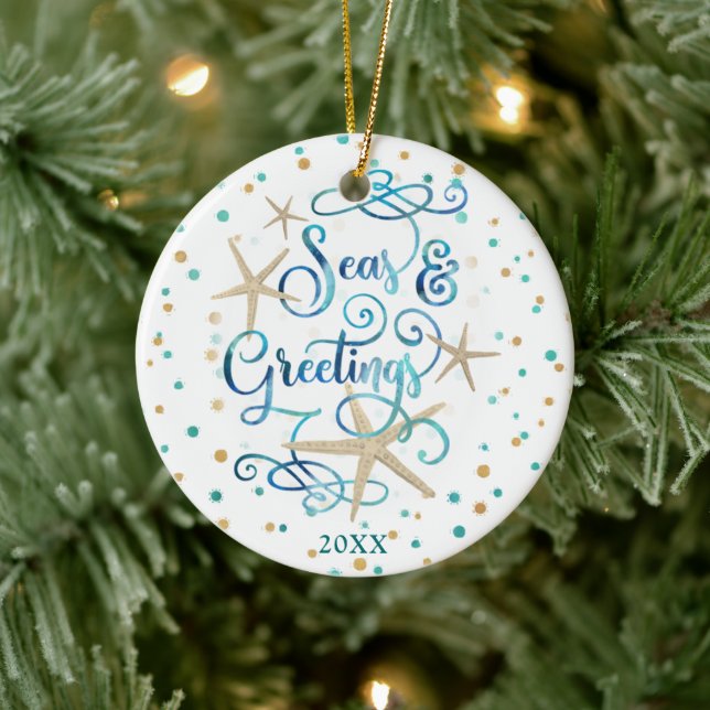 Coastal SEAS & GREETINGS Script Starfish Ceramic Tree Decoration (Tree)