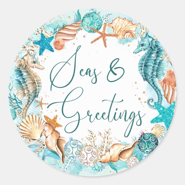 Coastal SEAS & GREETINGS Seahorse Shells Classic Round Sticker (Front)
