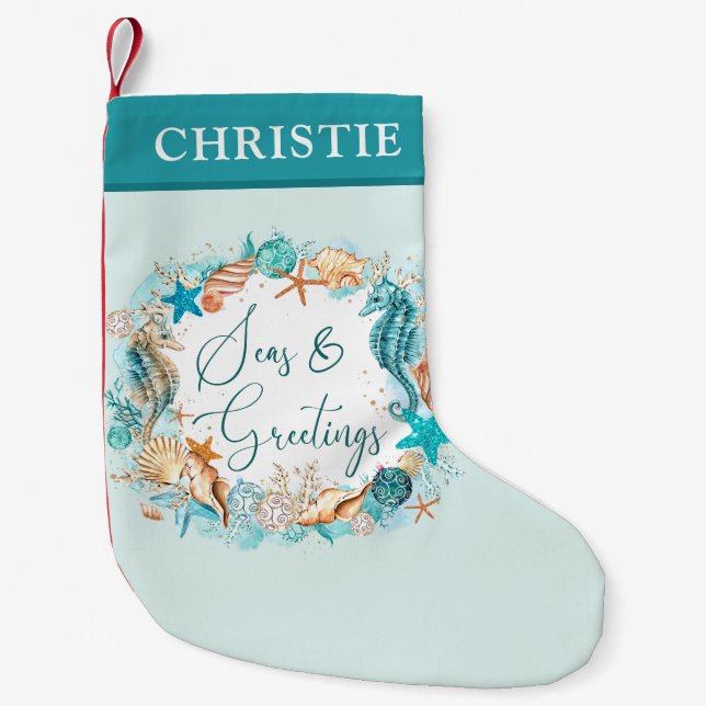 Coastal SEAS & GREETINGS Turquoise Personalised Small Christmas Stocking (Front)