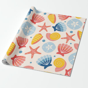 Coastal Seashell and Starfish Pattern Wrapping Paper