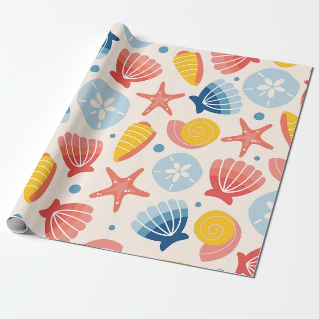 Coastal Seashell and Starfish Pattern Wrapping Paper (Unrolled)