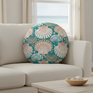 Coastal Seashell and Starfish  Round Cushion
