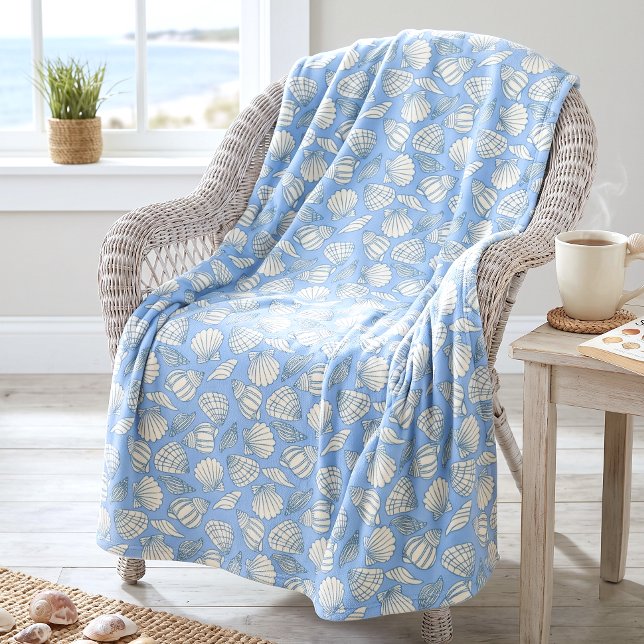 Coastal Seashell Beach Cottage Blue Fleece Blanket (Creator Uploaded)