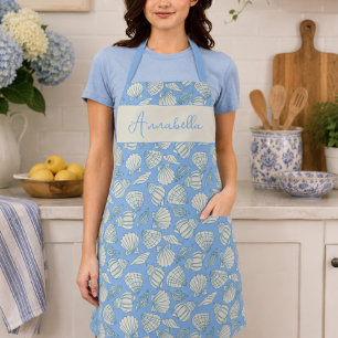 Coastal Seashell Beach Cottage Blue Monogram Apron
