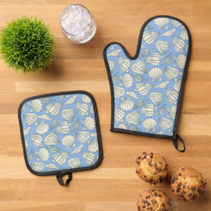 Coastal Seashell Beach Cottage Blue Oven Mitt & Pot Holder Set
