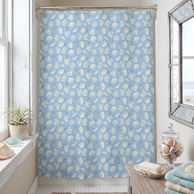 Coastal Seashell Beach Cottage Blue Shower Curtain (Creator Uploaded)