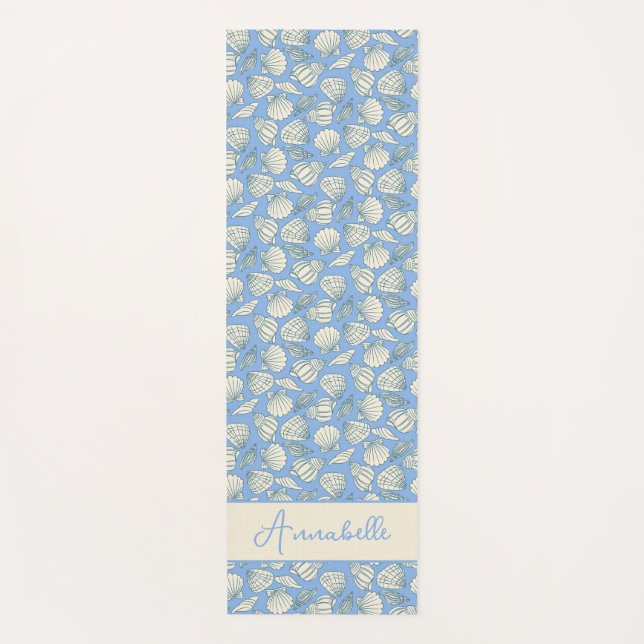 Coastal Seashell Beach Cottage Blue Yoga Mat (Front)