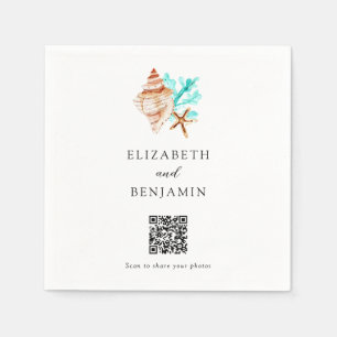 Coastal Seashell Beach Wedding QR Code Share Photo Napkin