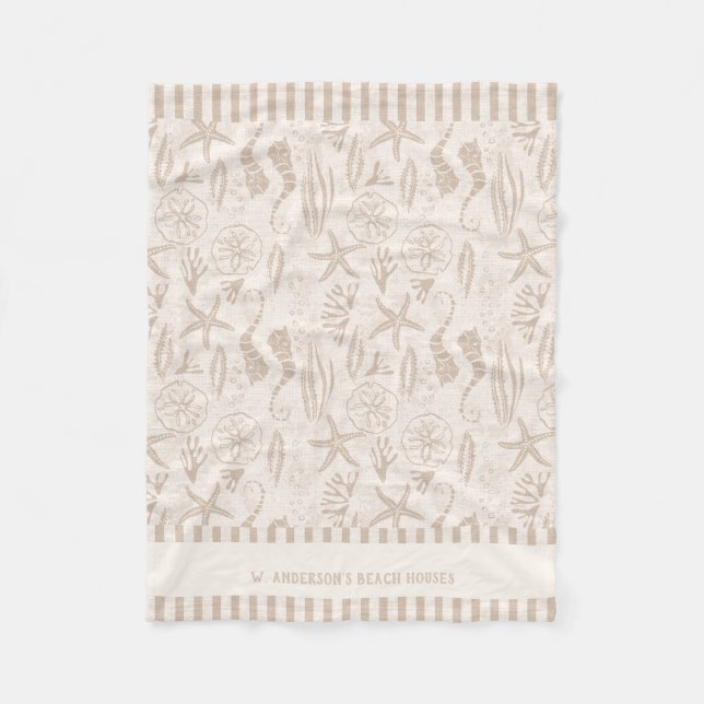 Coastal Seashell Beige Hand-Drawn Nautical Fleece Blanket (Front)