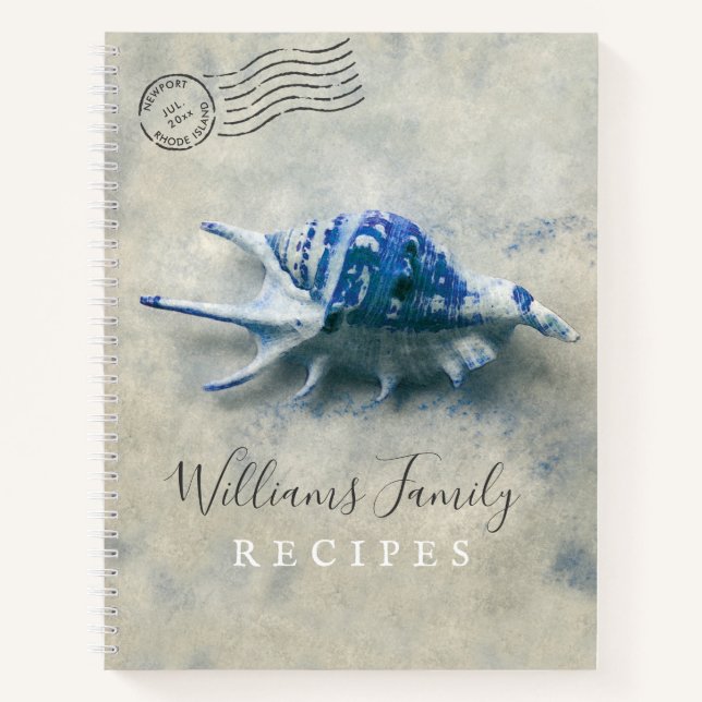 Coastal Seashell Blue Monogrammed Family Recipes Notebook (Front)