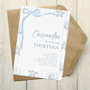 Coastal Seashell Blue Teen Girl Summer Birthday Invitation