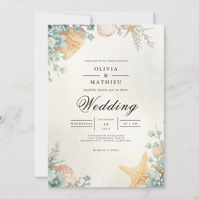 Coastal Seashell Botanical Arch Wedding Invitation (Front)