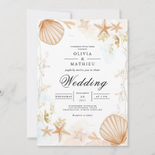 Coastal Seashell Botanical Romance Wedding Invitation