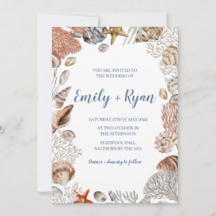 Coastal Seashell Coral Beach Wedding Invitation