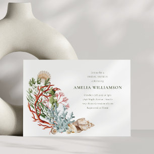 Coastal Seashell Coral Watercolor Bridal Shower Invitation