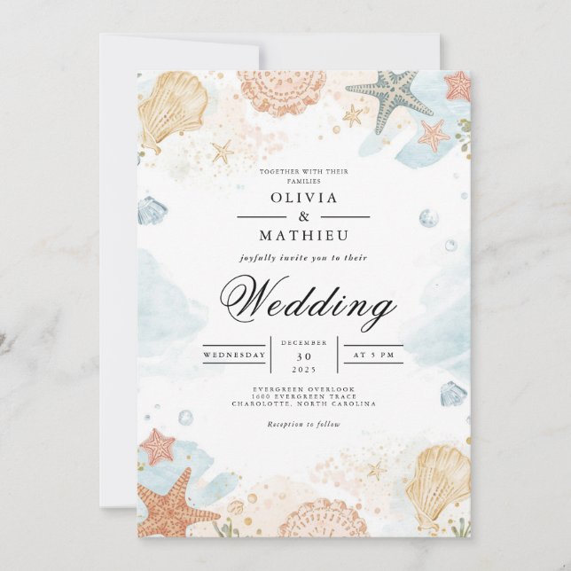 Coastal Seashell Floral Arch Wedding Invitation (Front)