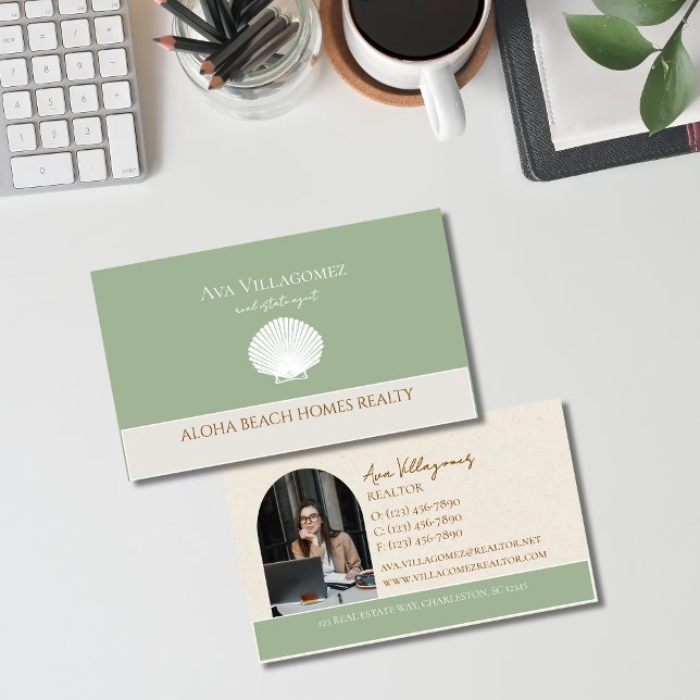 Coastal Seashell Logo Neutral Real Estate Business Card (Elegant and professional agent business card that makes a great first impression!)