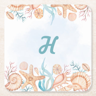 Coastal Seashell Monogram Letter H Drinks Coaster