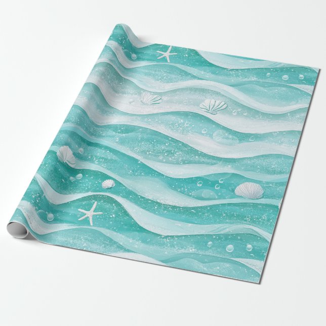 Coastal Seashell Ocean Wave Pattern Wrapping Paper (Unrolled)