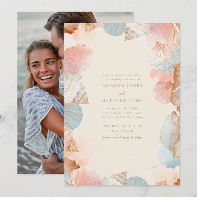 Coastal Seashell Photo Wedding Invitation (Front/Back)