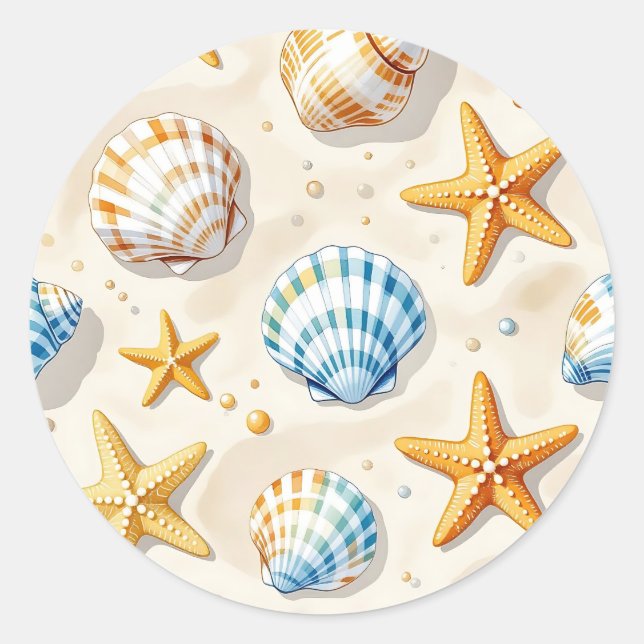 Coastal Seashell Starfish Beach Pattern Classic Round Sticker (Front)