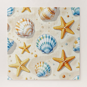 Coastal Seashell Starfish Beach Pattern Jigsaw Puzzle