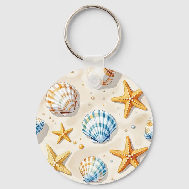 Coastal Seashell Starfish Beach Pattern Key Ring (Front)