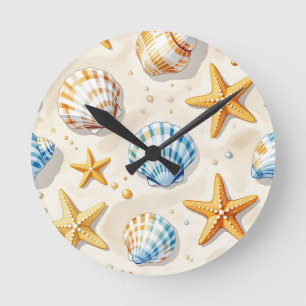 Coastal Seashell Starfish Beach Pattern Round Clock
