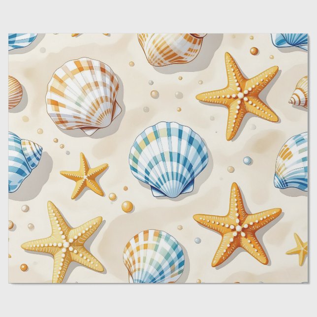 Coastal Seashell Starfish Beach Pattern Wrapping Paper (Flat)
