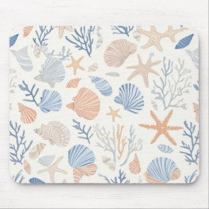 Coastal Seashell Starfish Blue Peach Cream Mouse Mat