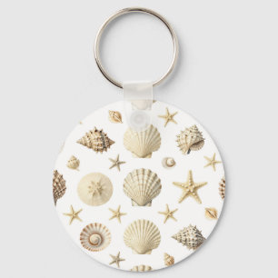 Coastal Seashell Starfish Seamless Pattern Key Ring