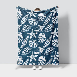 Coastal Seashell & Starfish Toile Deep Aegean Blue Fleece Blanket