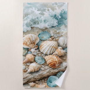 Coastal Seashell Watercolor Driftwood Scene Beach Towel