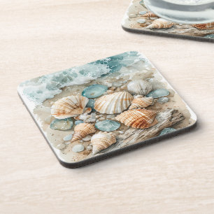 Coastal Seashell Watercolor Driftwood Scene Coaster