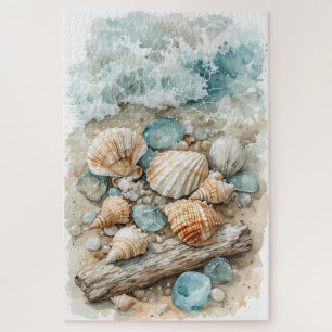 Coastal Seashell Watercolor Driftwood Scene Jigsaw Puzzle