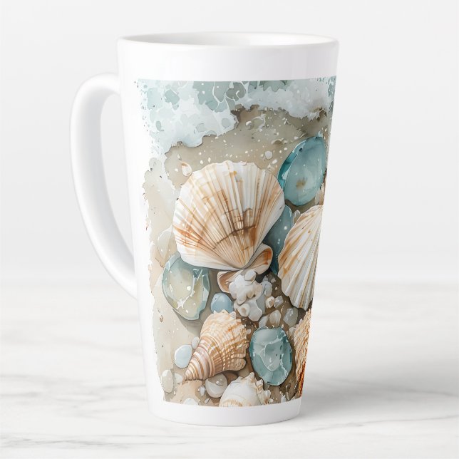 Coastal Seashell Watercolor Driftwood Scene Latte Mug (Left Angle)