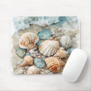 Coastal Seashell Watercolor Driftwood Scene Mouse Mat
