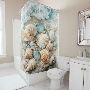 Coastal Seashell Watercolor Driftwood Scene Shower Curtain